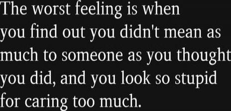 The worst feeling is when you find out you didn't mean as much to someone as you thought you did, and you look so stupid for caring too much.