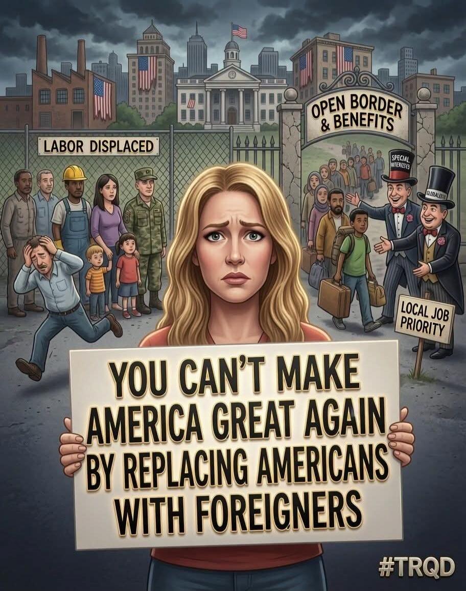 LABOR DISPLACED OPEN BORDER & BENEFITS SPECIAL INTERESTED GLOBALISTS LOCAL JOB PRIORITY YOU CAN'T MAKE AMERICA GREAT AGAIN BY REPLACING AMERICANS WITH FOREIGNERS #TRQD