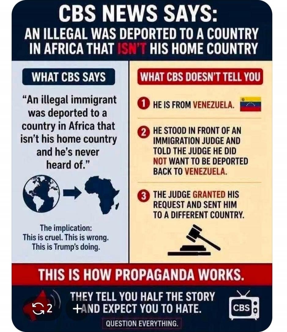 CBS NEWS SAYS: AN ILLEGAL WAS DEPORTED TO A COUNTRY IN AFRICA THAT ISN'T HIS HOME COUNTRY. WHAT CBS SAYS: 'An illegal immigrant was deported to a country in Africa that isn't his home country and he's never heard of.' The implication: This is cruel. This is wrong. This is Trump's doing. WHAT CBS DOESN'T TELL YOU: 1 HE IS FROM VENEZUELA. 2 HE STOOD 