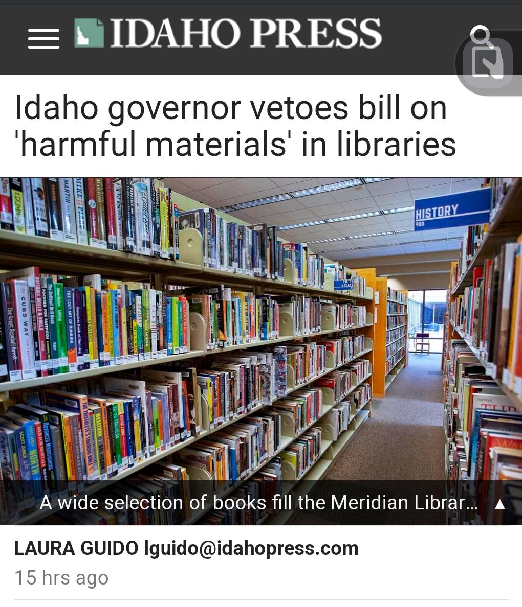 Idaho governor vetoes bill on harmful materials in libraries