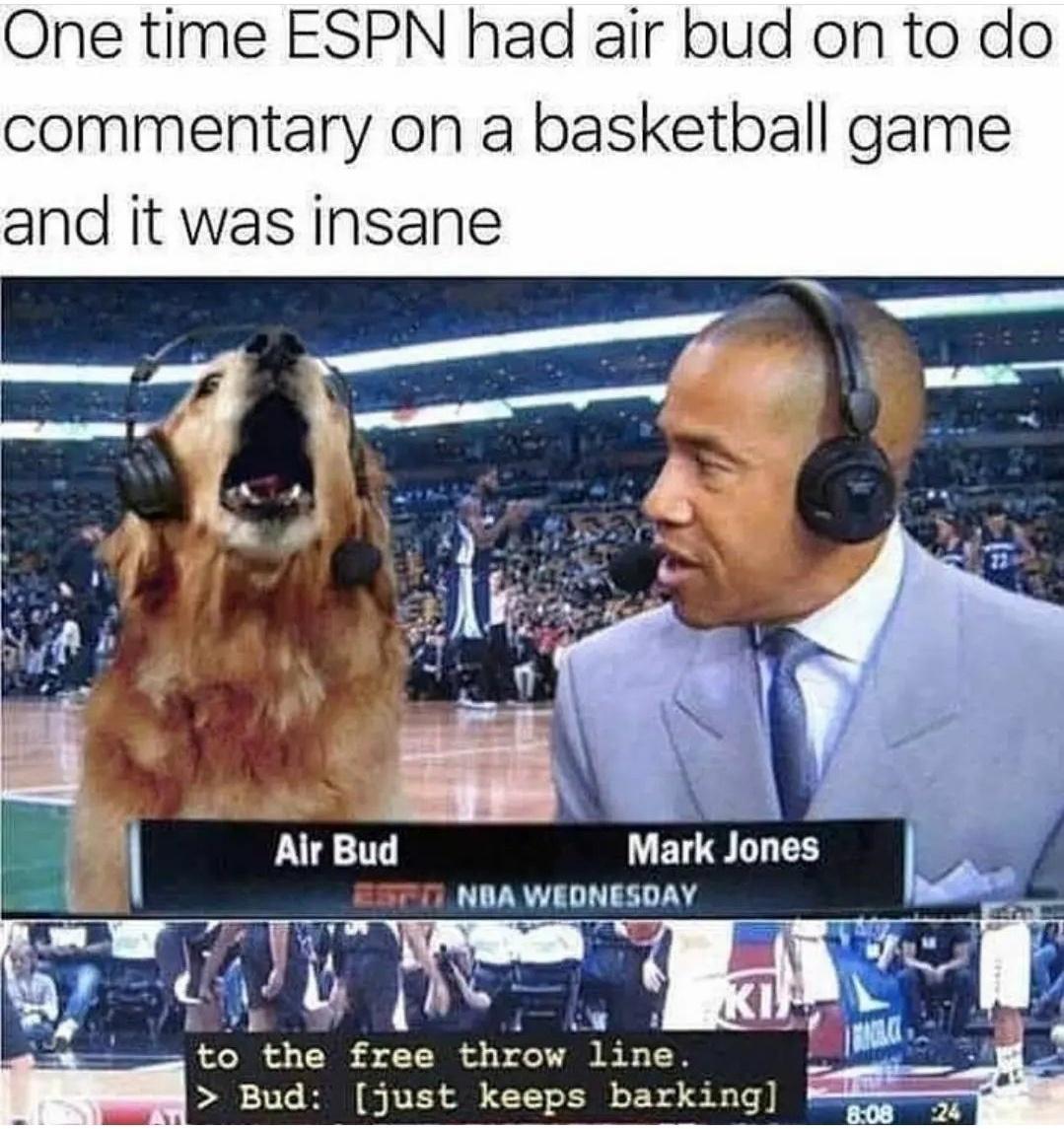 One time ESPN had air bud on to do commentary on a basketball game and it was insane o the free throw line Bud just keeps barking