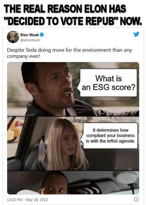THE REAL REASON ELON HAS DECIDED TO VOTE REPUB NOW Elon Musk L 4 clonmusk Despite Tesla doing more for the environment than any company ever What is an ESG score It determines how compliant your business is with the leftist agenda 1223 PM May 18 2022 Q 201k O Reply Copylink Read 121K replies