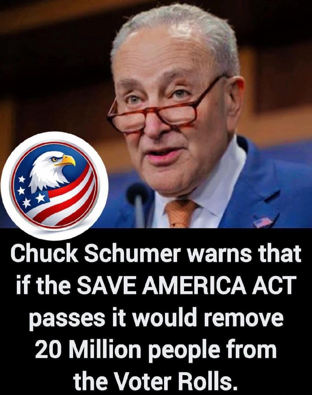 Chuck Schumer warns that if the SAVE AMERICA ACT passes it would remove 20 Million people from the Voter Rolls.