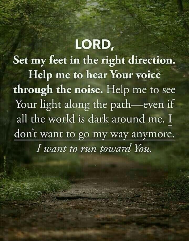 LORD,
Set my feet in the right direction.
Help me to hear Your voice through the noise. Help me to see Your light along the path—even if all the world is dark around me. I don’t want to go my way anymore.
I want to run toward You.