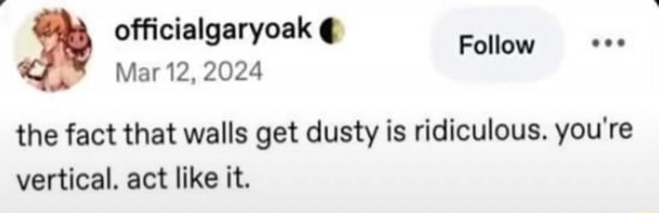 the fact that walls get dusty is ridiculous. you're vertical, act like it.