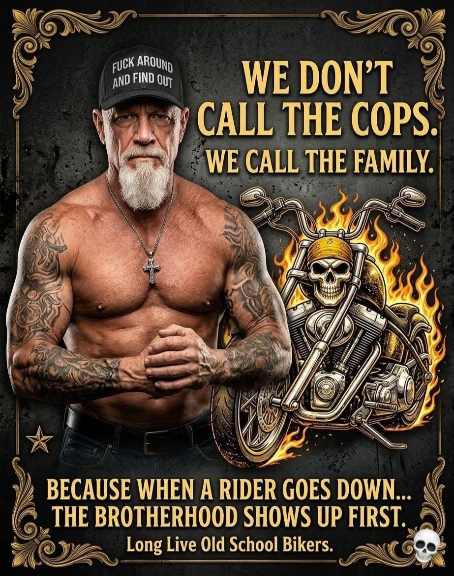 FUCK AROUND AND FIND OUT WE DON'T CALL THE COPS. WE CALL THE FAMILY. BECAUSE WHEN A RIDER GOES DOWN... THE BROTHERHOOD SHOWS UP FIRST. Long Live Old School Bikers.
