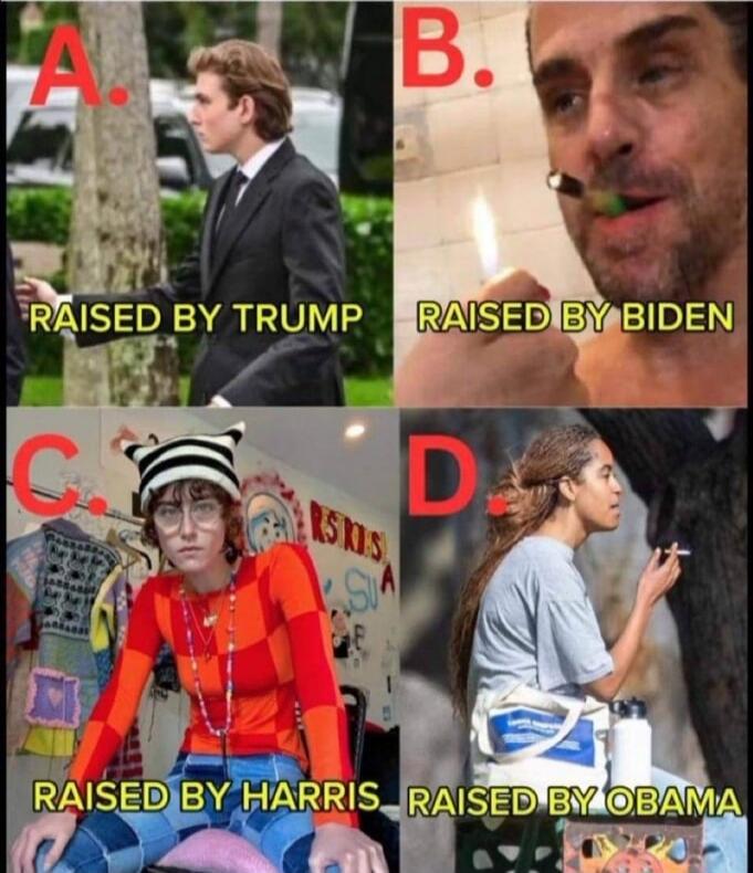 A. RAISED BY TRUMP B. RAISED BY BIDEN C. RAISED BY HARRIS D. RAISED BY OBAMA. The image shows four panels. Panel A features Barron Trump in a suit. Panel B shows Hunter Biden lighting a pipe. Panel C shows Ella Emhoff in an eccentric outfit. Panel D shows Malia Obama smoking a cigarette.