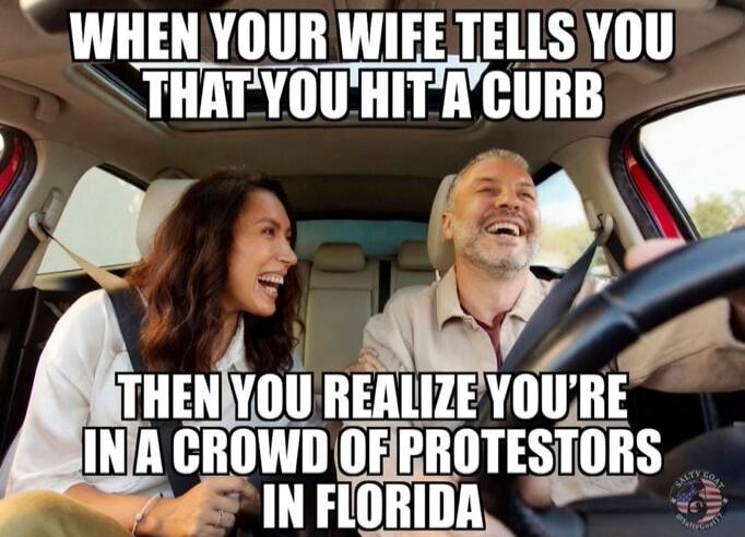 WHEN YOUR WIFE TELLS YOU THAT YOU'HIT A CURB THEN YOU REALIZE YOU'RE IN A CROWD OF PROTESTORS IN FLORIDA