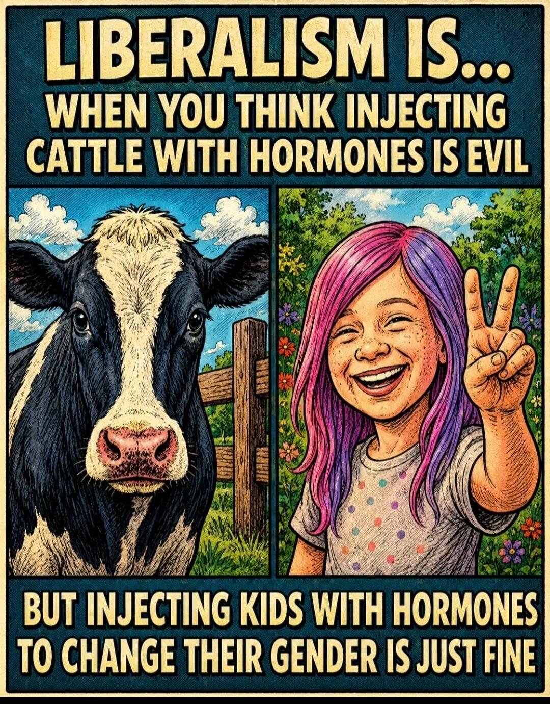 LIBERALISM IS... WHEN YOU THINK INJECTING CATTLE WITH HORMONES IS EVIL BUT INJECTING KIDS WITH HORMONES TO CHANGE THEIR GENDER IS JUST FINE