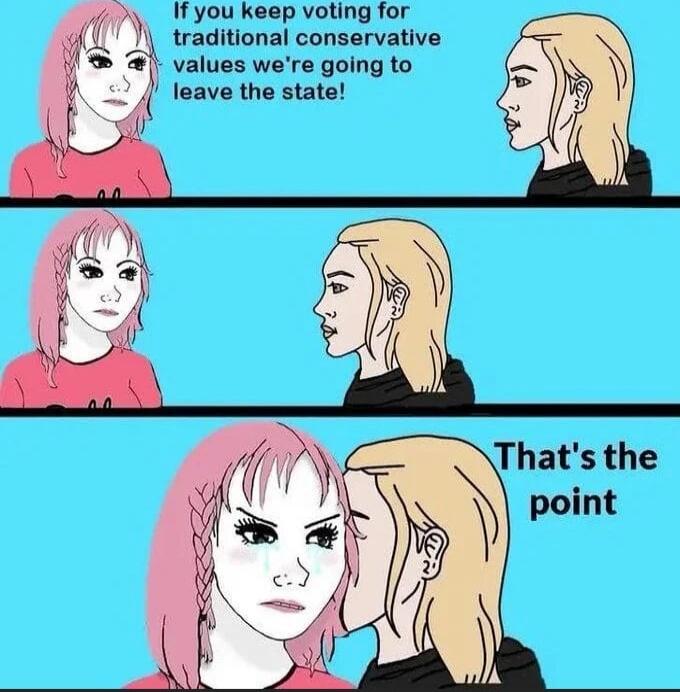 If you keep voting for traditional conservative values we're going to leave the state! That's the point