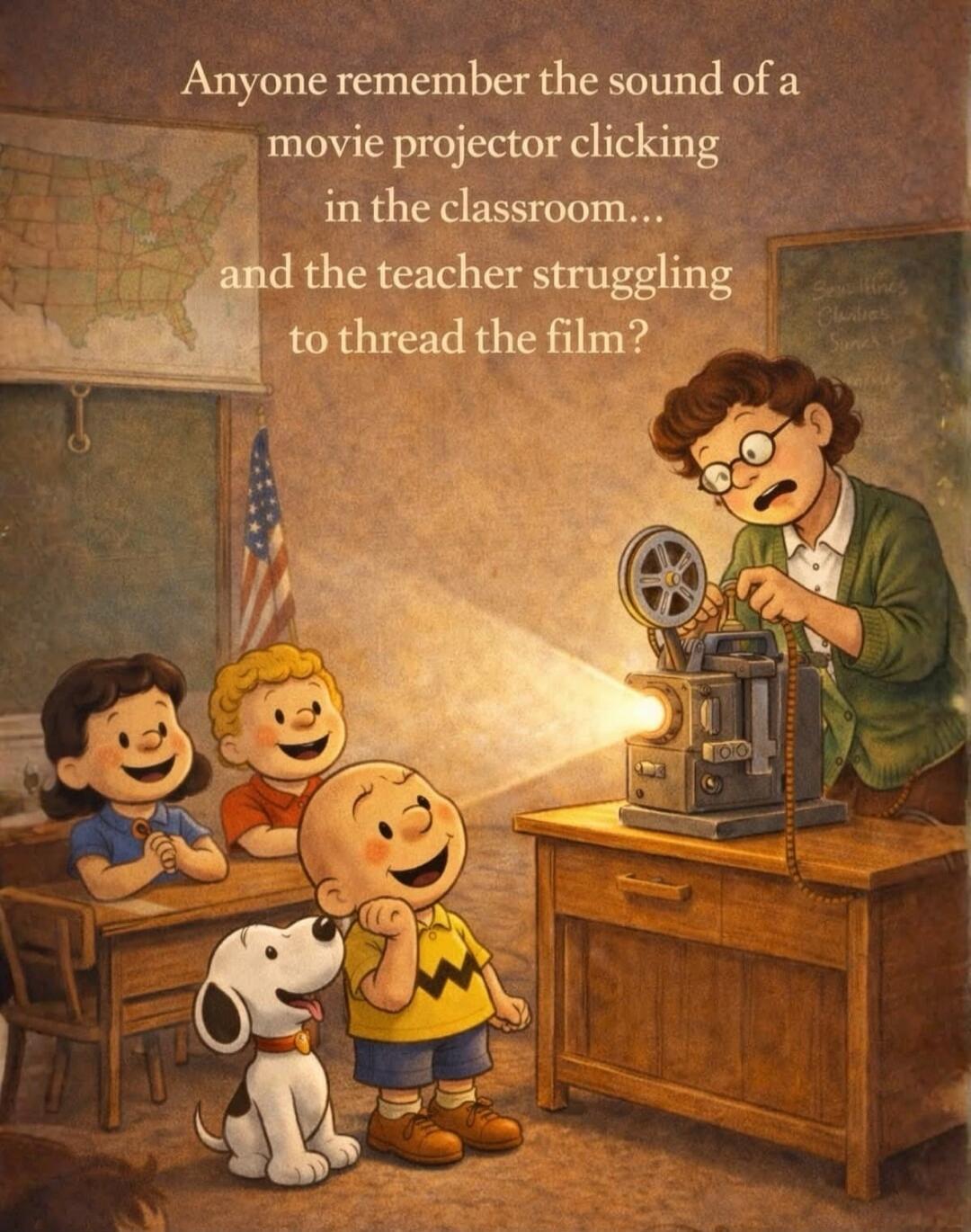Anyone remember the sound of a movie projector clicking in the classroom... and the teacher struggling to thread the film?