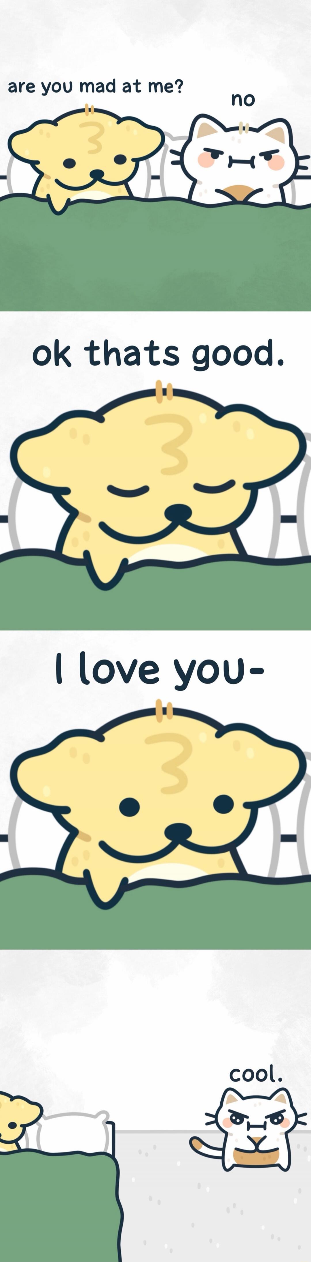 are you mad at me? no ok thats good. I love you- cool.