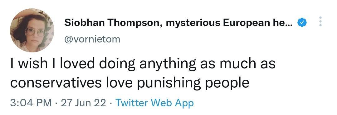 Siobhan Thompson mysterious European he vornietom wish I loved doing anything as much as conservatives love punishing people 304 PM 27 Jun 22 Twitter Web App