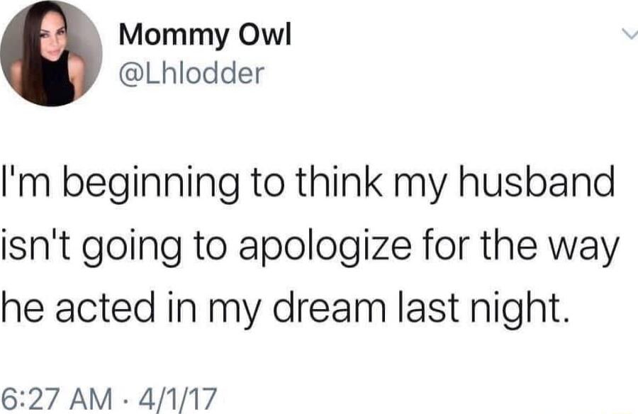 Mommy Owl Lhlodder m beginning to think my husband isnt going to apologize for the way he acted in my dream last night 627 AM 4117