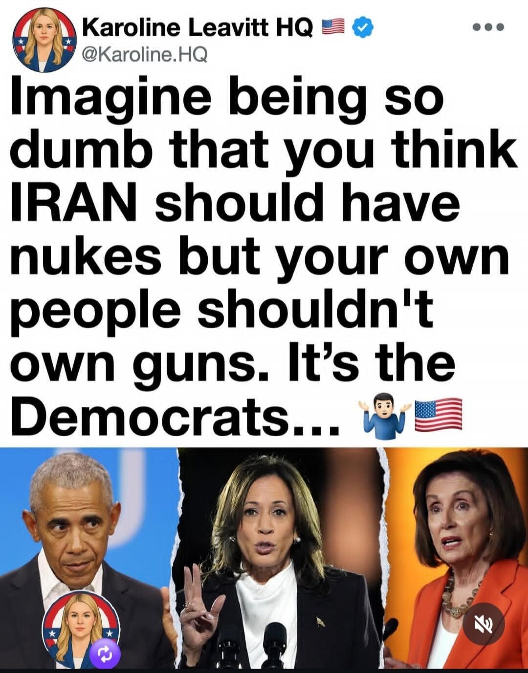 Karoline Leavitt HQ @Karoline.HQ Imagine being so dumb that you think IRAN should have nukes but your own people shouldn't own guns. It's the Democrats...