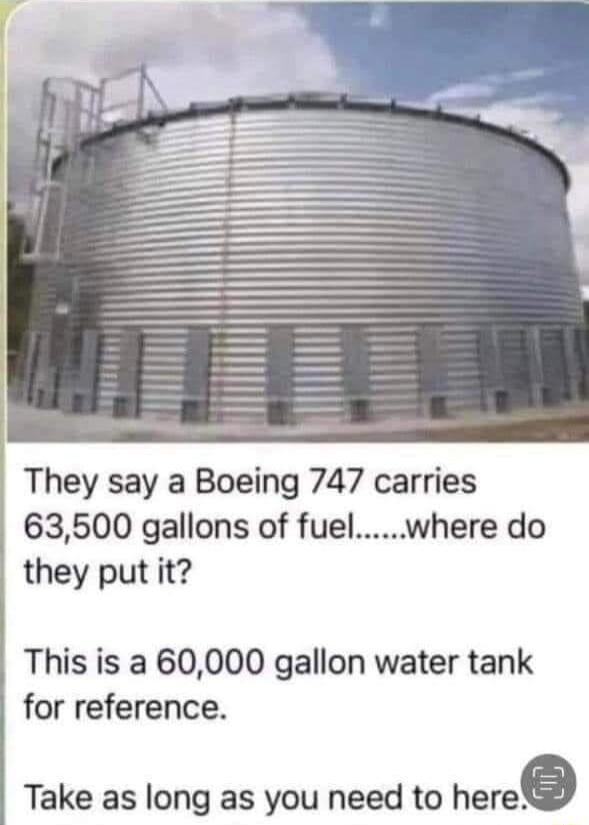 They say a Boeing 747 carries 63500 gallons of fuelwhere do they put it This is a 60000 gallon water tank for reference Take as long as you need to heree