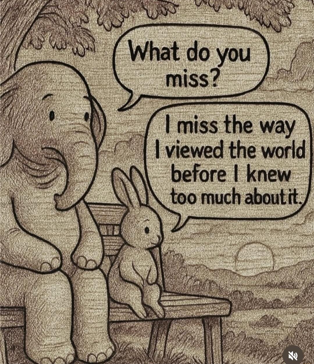 What do you miss? I miss the way I viewed the world before I knew too much about it.