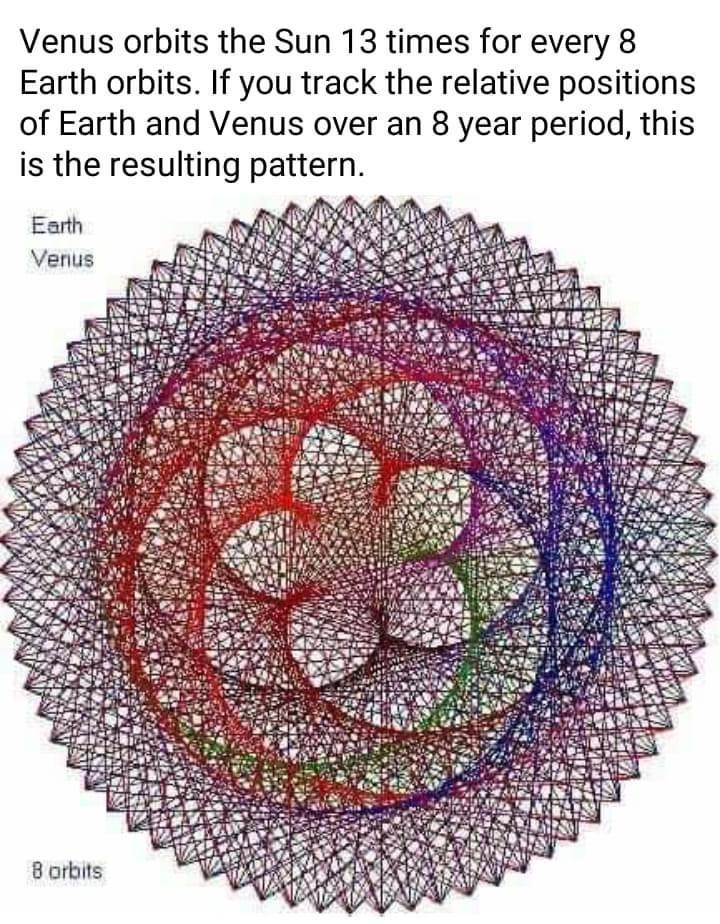 Venus orbits the Sun 13 times for every 8 Earth orbits If you track the relative positions of Earth and Venus over an 8 year period this is the resulting pattern Priod TR BRIk