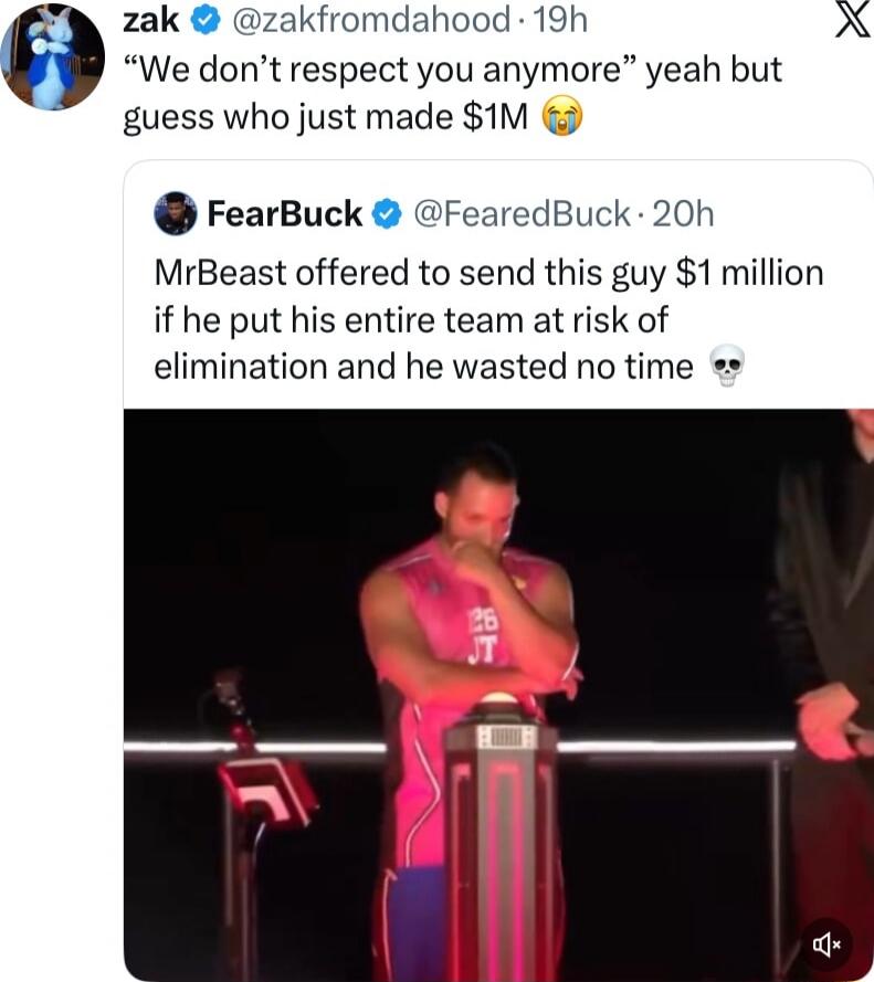 “We don’t respect you anymore” yeah but guess who just made $1M 😭
MrBeast offered to send this guy $1 million if he put his entire team at risk of elimination and he wasted no time 💀