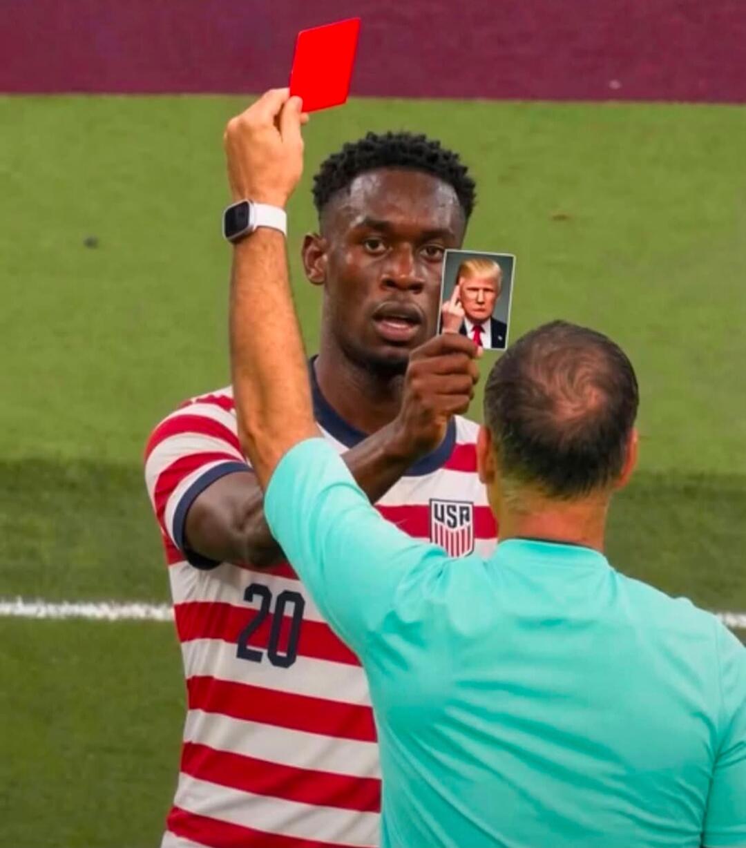 USA 20. A referee shows a red card to a soccer player, but the card is a picture of Donald Trump giving the middle finger.