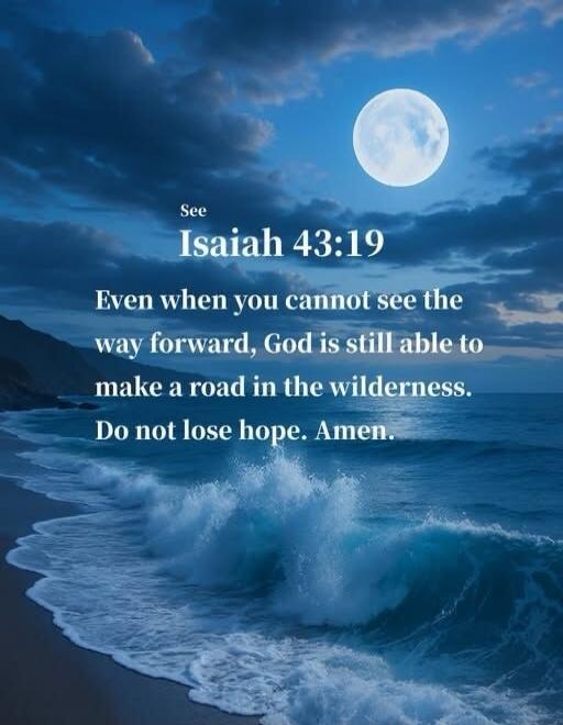 See Isaiah 43:19
Even when you cannot see the way forward, God is still able to make a road in the wilderness. Do not lose hope. Amen.