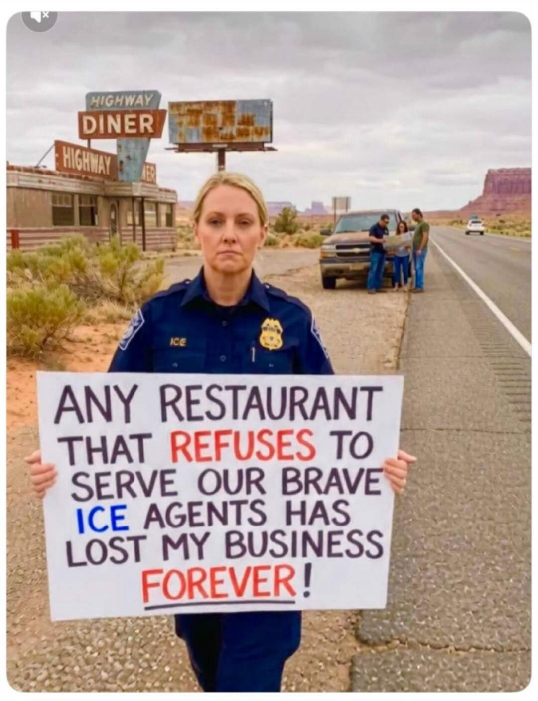 ANY RESTAURANT THAT REFUSES TO SERVE OUR BRAVE ICE AGENTS HAS LOST MY BUSINESS FOREVER! HIGHWAY DINER ICE