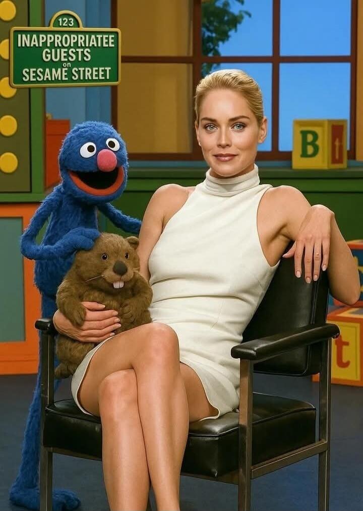 123 INAPPROPRIATE GUESTS on SESAME STREET. A woman resembling Sharon Stone is sitting in a chair, holding a beaver puppet, with Grover from Sesame Street standing behind her.