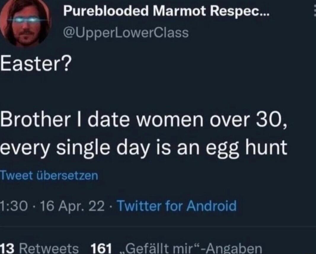 Easter? Brother I date women over 30, every single day is an egg hunt