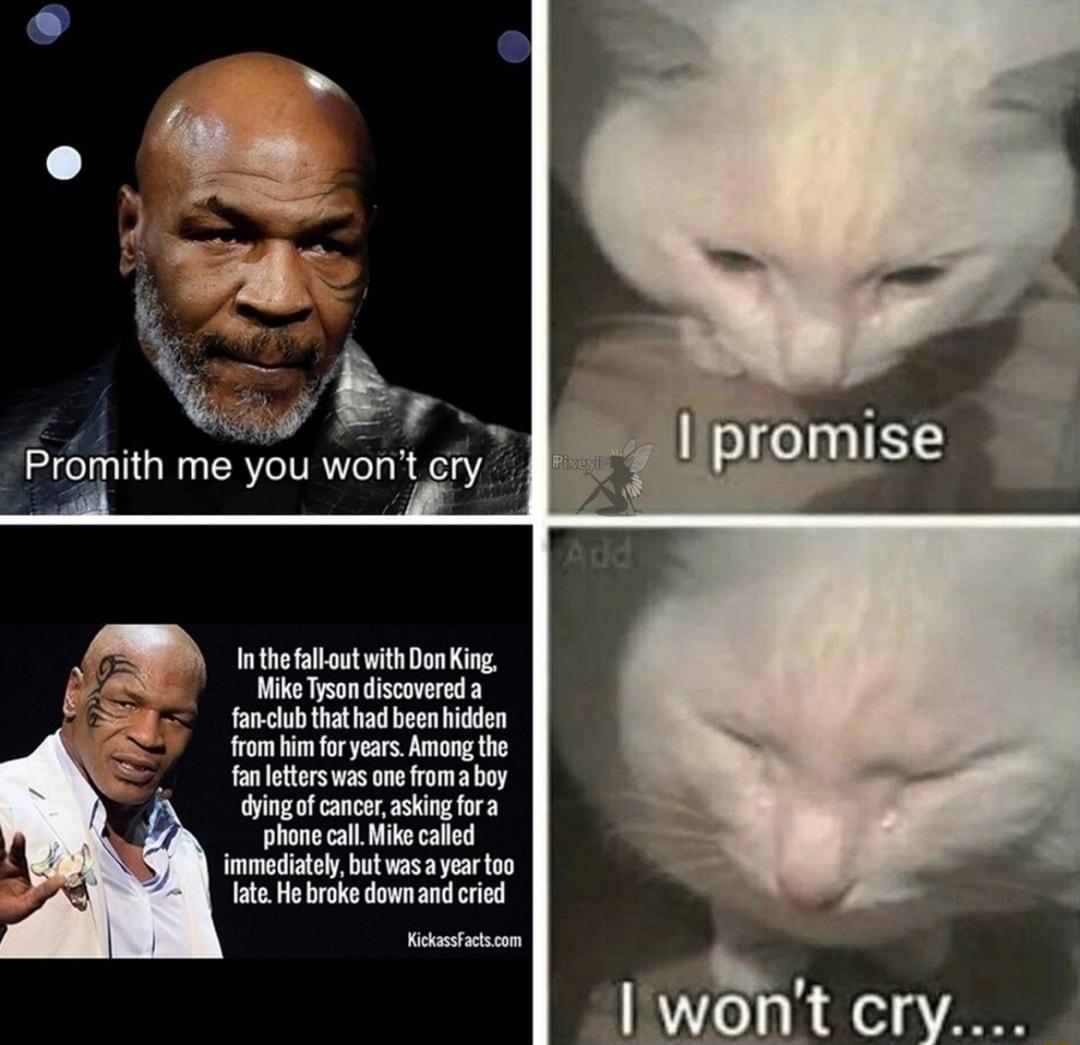 Promlth meyou won tery In the fall out with Don King Mike Tyson discovered a fan club that had been hidden from him for years Among the fan letters was one froma boy dying of cancer asking fora phone call Mike called immediately but was a year too late He broke down and cried KickassFactscom