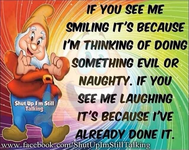 IF YOU SEE ME SMILING IT'S BECAUSE I'M THINKING OF DOING SOMETHING EVIL OR NAUGHTY. IF YOU SEE ME LAUGHING IT'S BECAUSE I'VE ALREADY DONE IT. Shut Up I'm Still Talking www.facebook.com/ShutUpImStillTalking