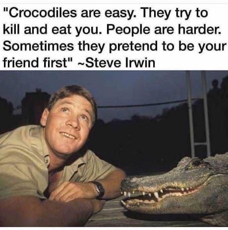 Crocodiles are easy They try to kill and eat you People are harder Sometimes they pretend to be your friend first Steve Irwin