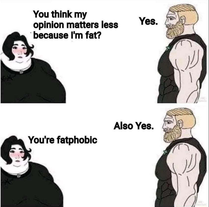 You think my opinion matters less becausa Im fat voum fatphobic Also Yes