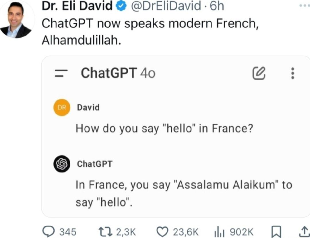 Dr Eli David DrEliDavid 6h ChatGPT now speaks modern French Alhamdulillah ChatGPT 40 o How do you say hello in France cracer In France you say Assalamu Alaikum to say hello Q3a5 1123k O236Kk 1ok