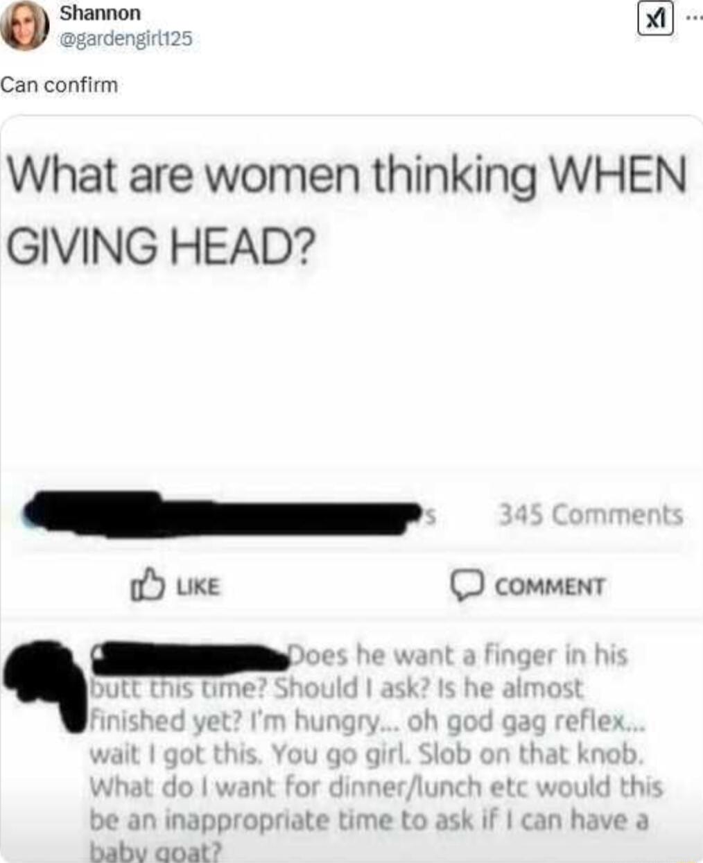 i ED Can confirm What are women thinking WHEN GIVING HEAD oY e comment