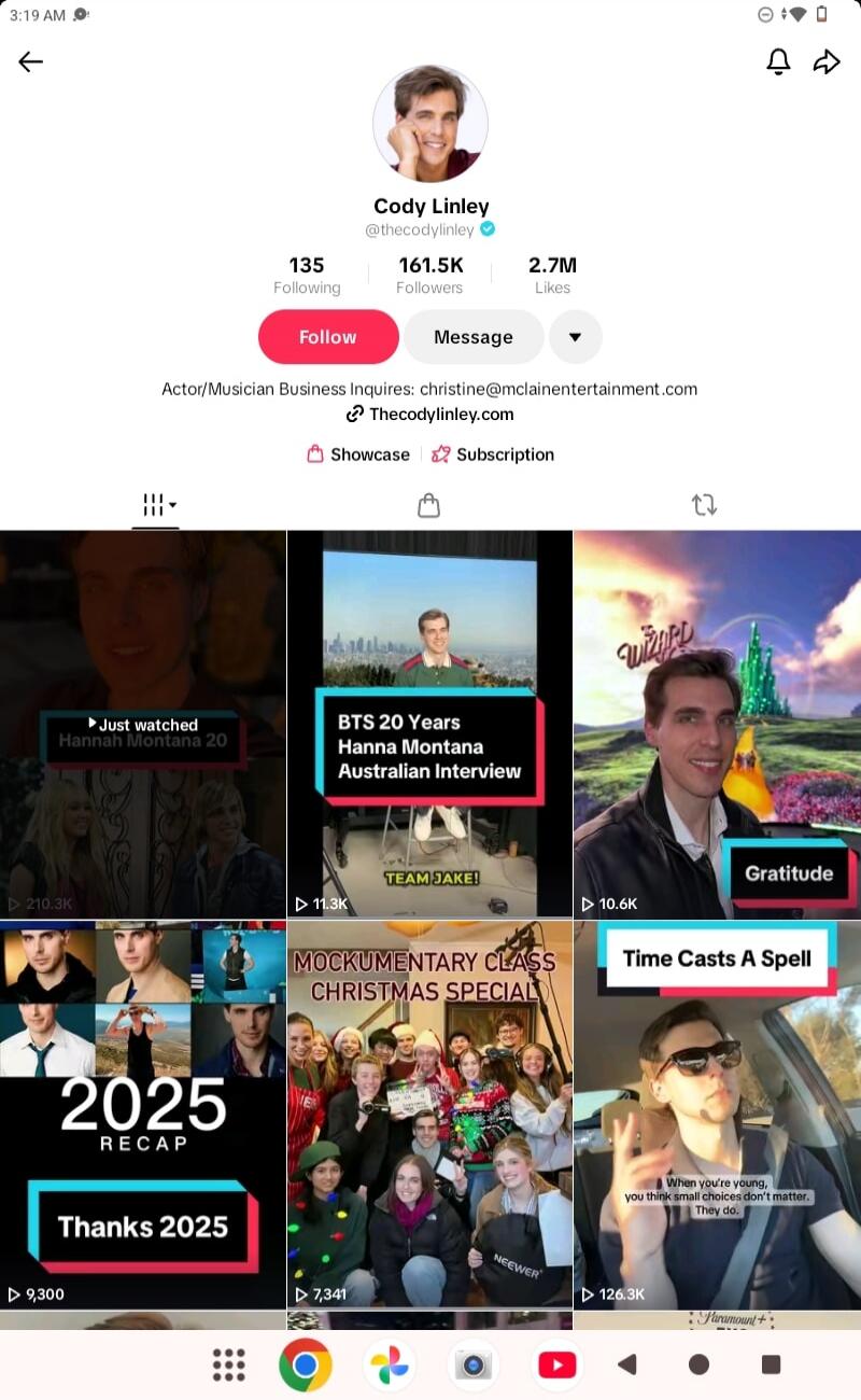 Cody Linley @thecodylinley 135 Following 161.5K Followers 2.7M Likes Actor/Musician Business Inquires: christine@mclainentertainment.com Thecodylinley.com Showcase Subscription Just watched Hannah Montana 20 BTS 20 Years Hanna Montana Australian Interview TEAM JAKE! Wizard Gratitude Time Casts A Spell 2025 RECAP Thanks 2025 MOCKUMENTARY CLASS CHRIS