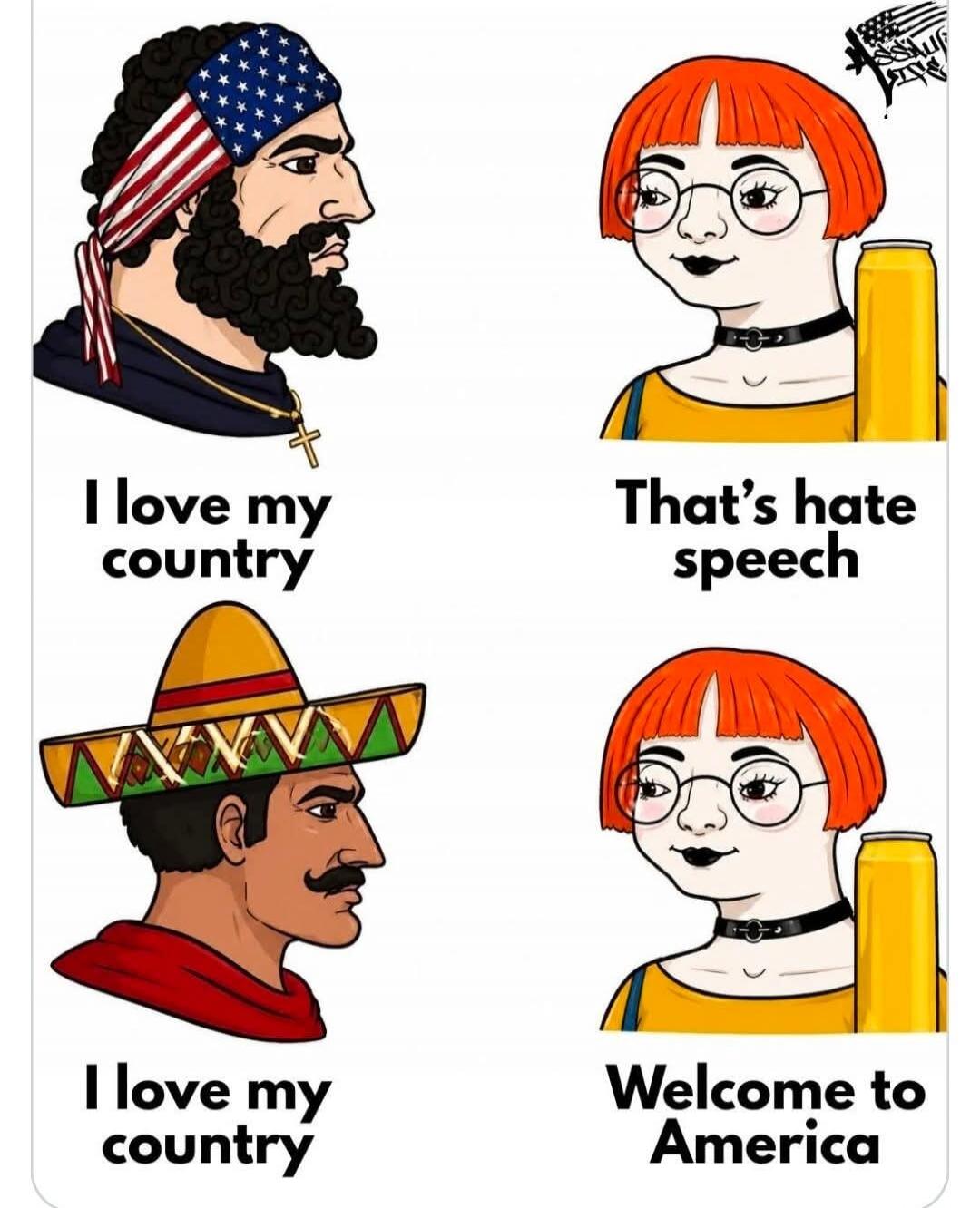 I love my country That's hate speech I love my country Welcome to America