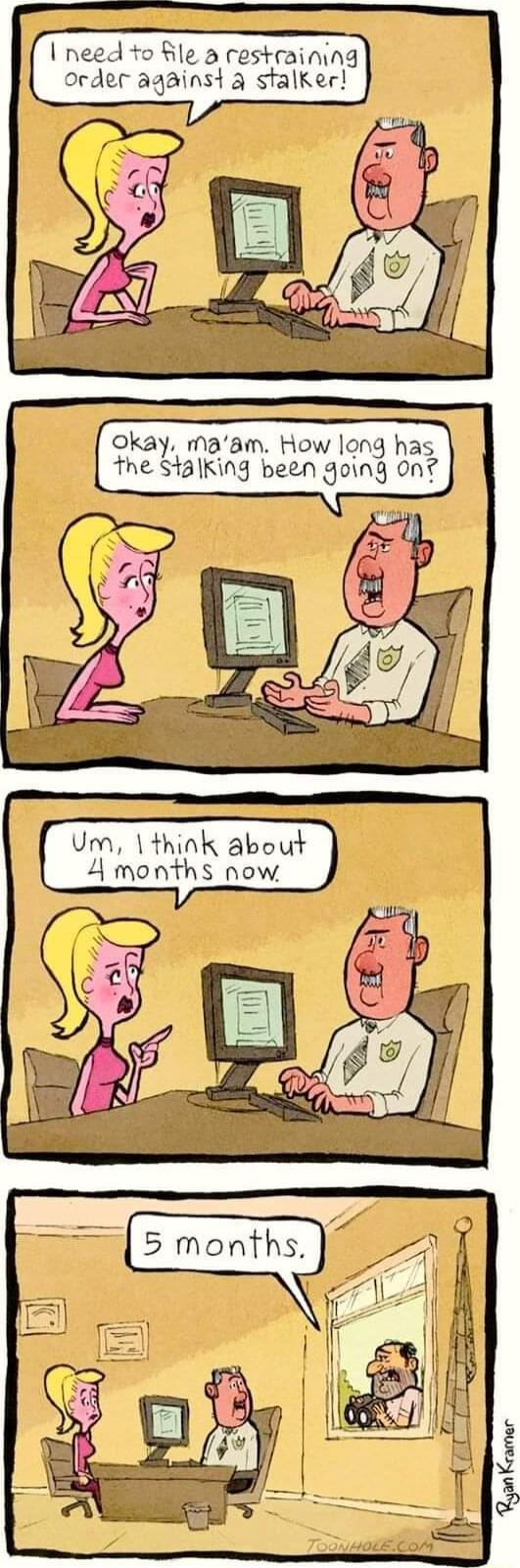 I need to ile a restraining order against a sfalker Um think about 4 months now