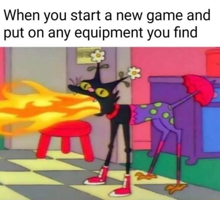 When you start a new game and put on any equipment you find r i g l