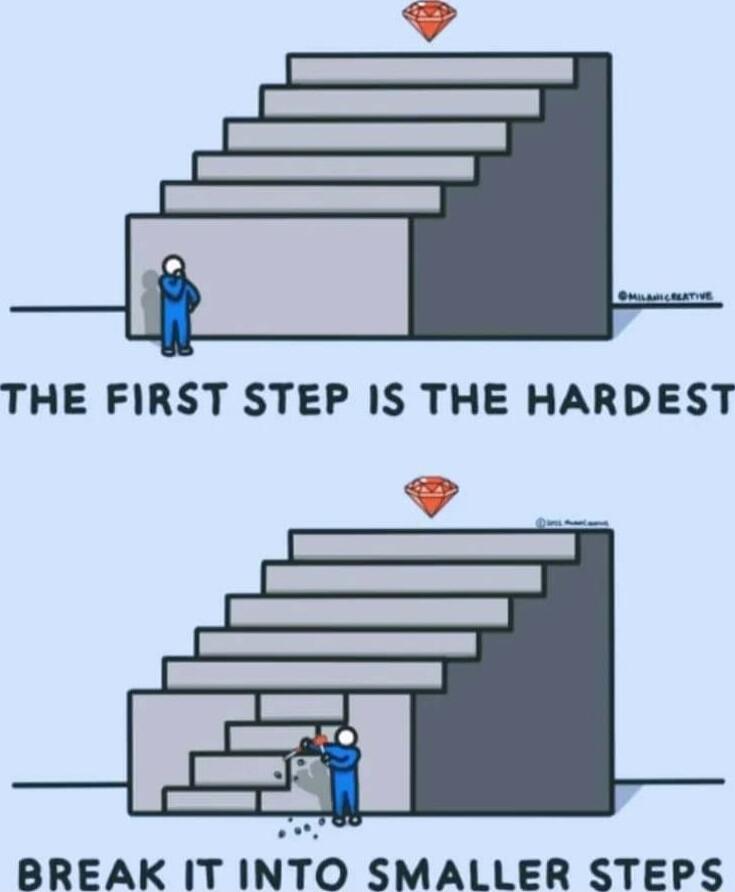 THE FIRST STEP IS THE HARDEST BREAK IT INTO SMALLER STEPS