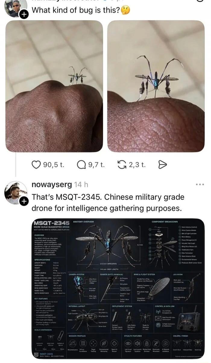 What kind of bug is this? That's MSQT-2345. Chinese military grade drone for intelligence gathering purposes. MSQT-2345 Micro Scale Quadcopter Drone, Next-Gen Bio-Mimetic Surveillance Platform. It includes an overview, specifications (length, wingspan, height, weight, power source, range, max speed, operating temp, wind resistance, noise level, wat