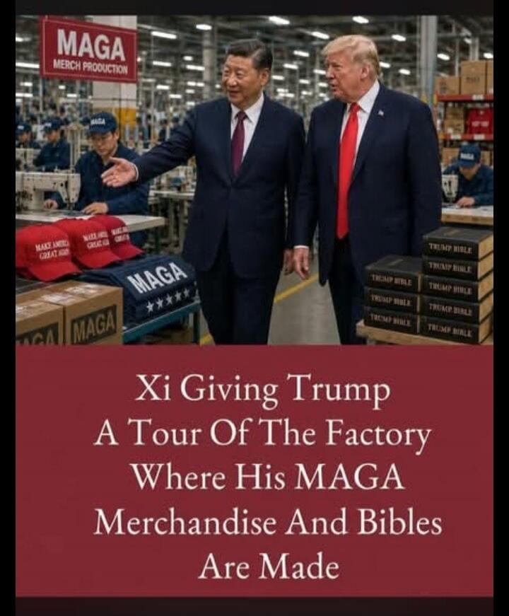 MAGA MERCH PRODUCTION. MAKE AMERICA GREAT AGAIN. MAGA. TRUMP BIBLE. Xi Giving Trump A Tour Of The Factory Where His MAGA Merchandise And Bibles Are Made.