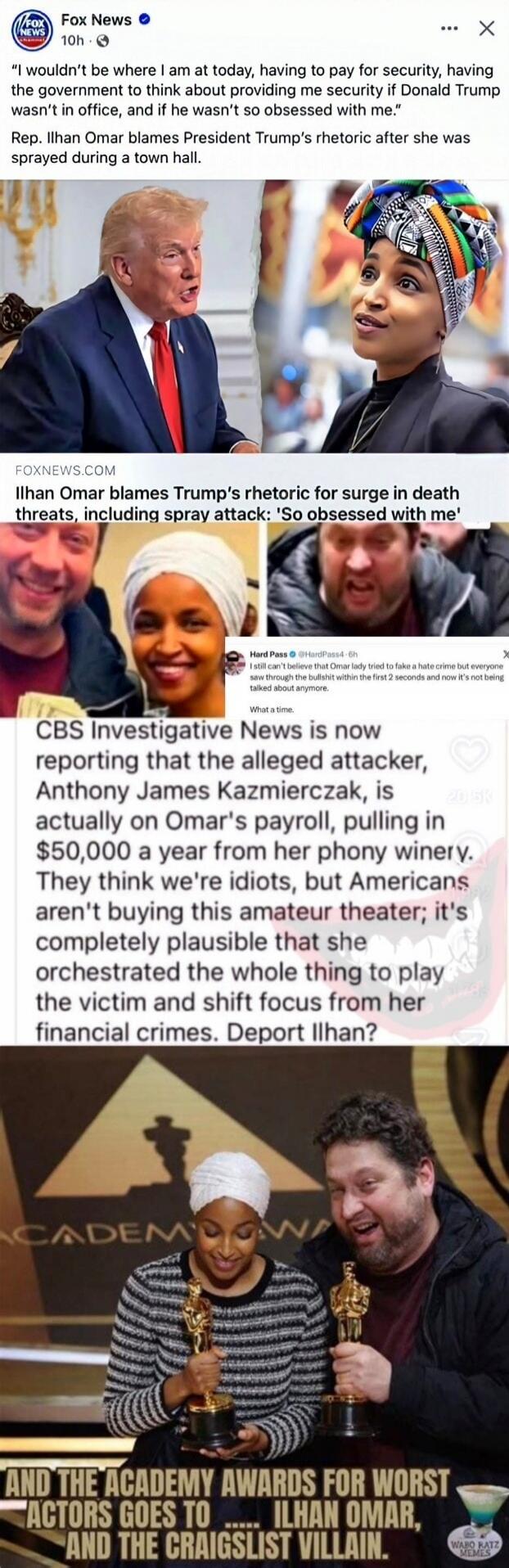 “I wouldn’t be where I am today, having to pay for security, having the government to think about providing me security if Donald Trump wasn’t in office, and if he wasn’t obsessed with me.” Rep. Ilhan Omar blames President Trump’s rhetoric after she was sprayed during a town hall. CBS Investigative News is now reporting that the alleged attacker, A