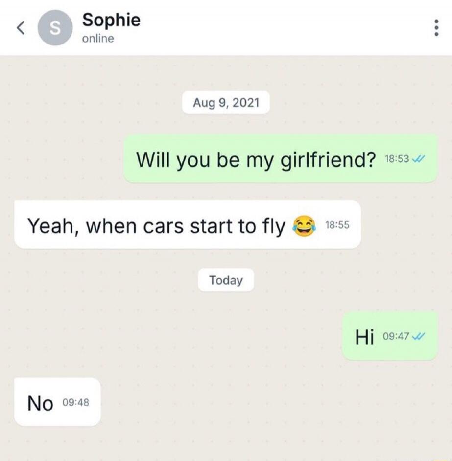 Sophie online Aug 9, 2021 Will you be my girlfriend? Yeah, when cars start to fly 😂 Today Hi No