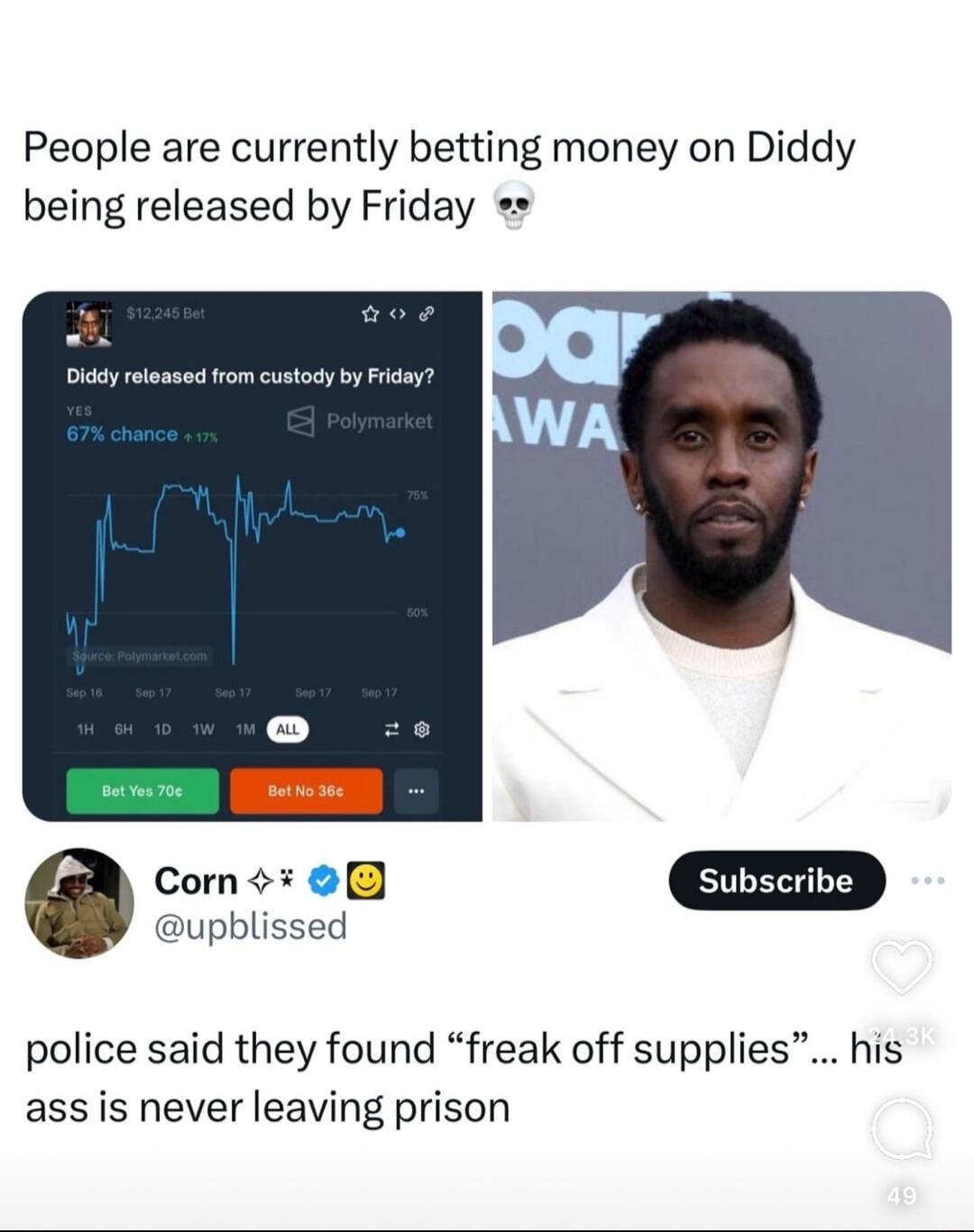 People are currently betting money on Diddy being released by Friday c upblissed police said they found freak off supplies his ass is never leaving prison