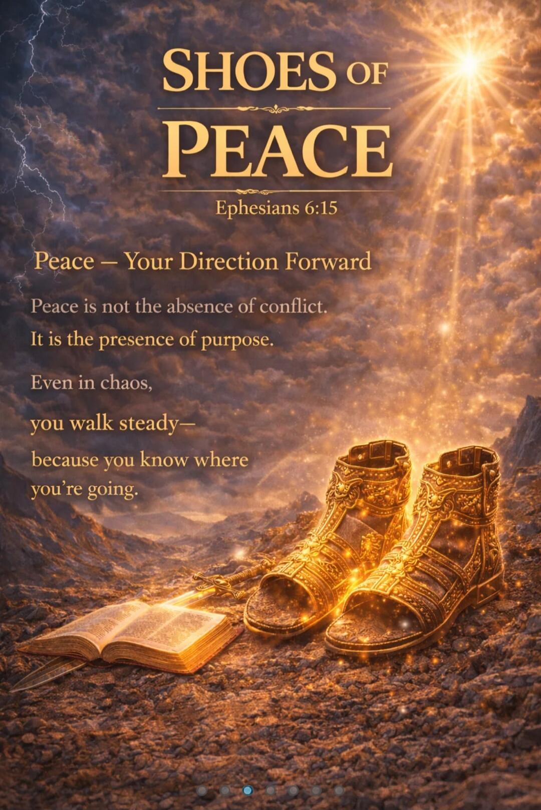 SHOES OF PEACE. Ephesians 6:15. Peace - Your Direction Forward. Peace is not the absence of conflict. It is the presence of purpose. Even in chaos, you walk steady - because you know where you're going.