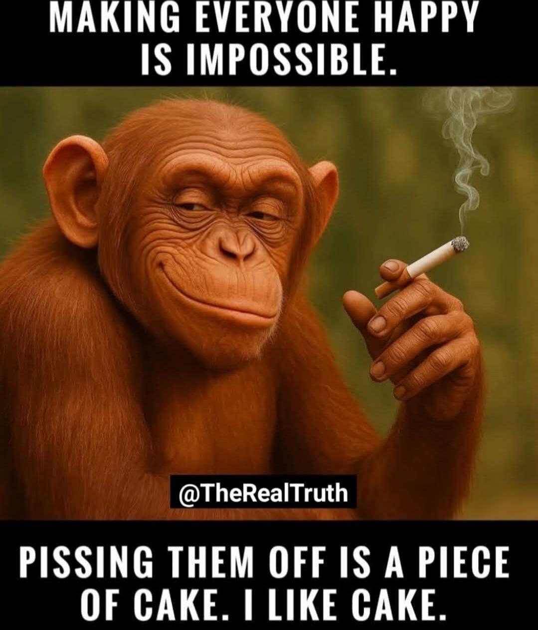 MAKING EVERYONE HAPPY IS IMPOSSIBLE.\nPISSING THEM OFF IS A PIECE OF CAKE. I LIKE CAKE.