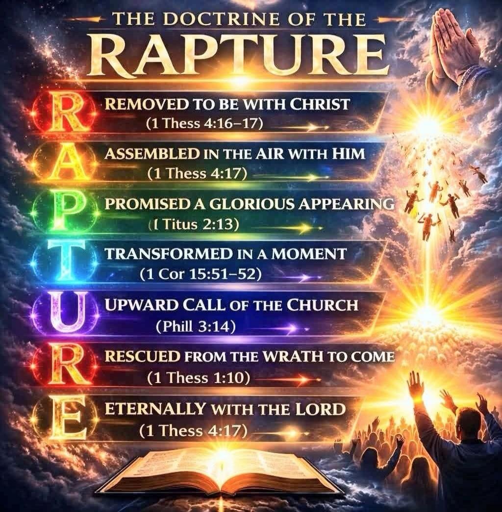 The Doctrine of the Rapture. R: Removed to be with Christ (1 Thess 4:16-17). A: Assembled in the air with Him (1 Thess 4:17). P: Promised a glorious appearing (1 Titus 2:13). T: Transformed in a moment (1 Cor 15:51-52). U: Upward call of the Church (Phill 3:14). R: Rescued from the wrath to come (1 Thess 1:10). E: Eternally with the Lord (1 Thess 4