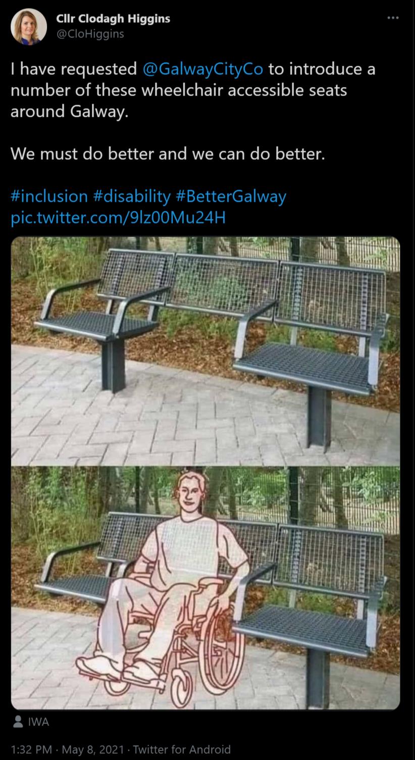 Clir Clodagh Higgins 2 lezTe IS have requested GalwayCityCo to introduce a number of these wheelchair accessible seats around Galway VER VR e o N Yl CT Tale RVVZRe Ta We o N Y u 18 inclusion disability BetterGalway pictwittercom91z00Mu24H it 4 AR 2 1WA LREPA o IRV Bl A R V71 a T o iV Te o e
