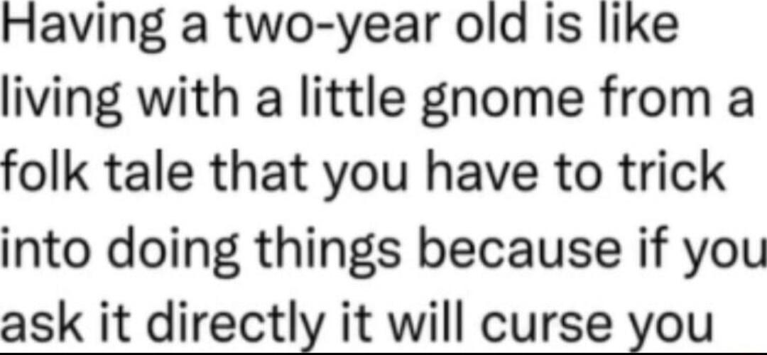 Having a two year old is like living with a little gnome from a folk tale that you have to trick into doing things because if you ask it directly it will curse you