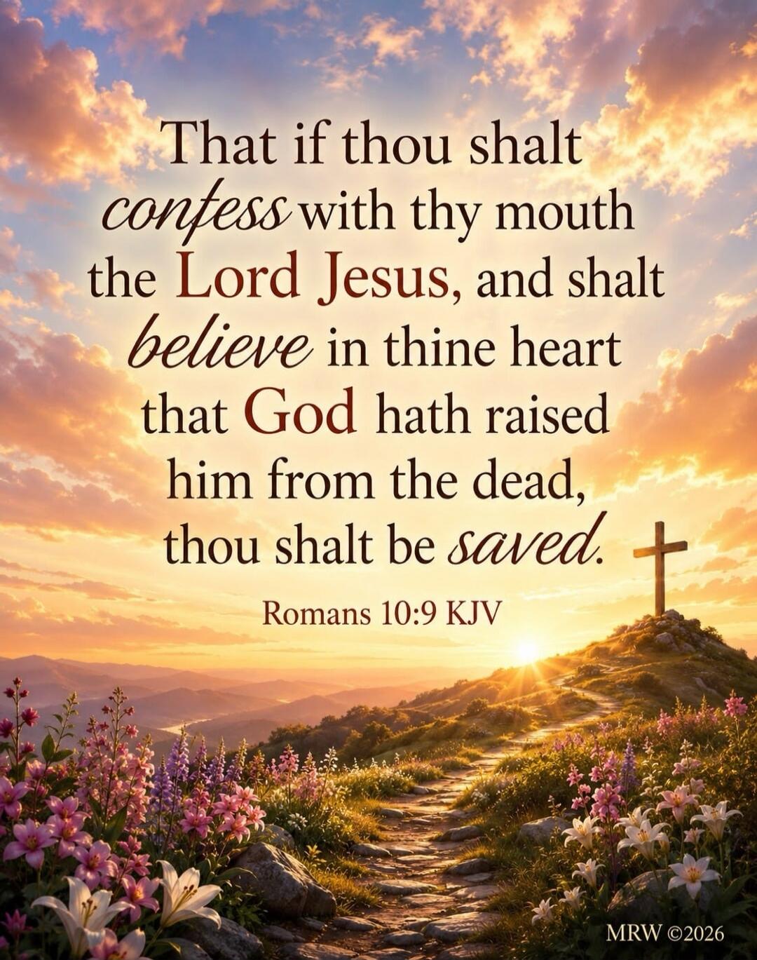 That if thou shalt confess with thy mouth the Lord Jesus, and shalt believe in thine heart that God hath raised him from the dead, thou shalt be saved. Romans 10:9 KJV MRW ©2026